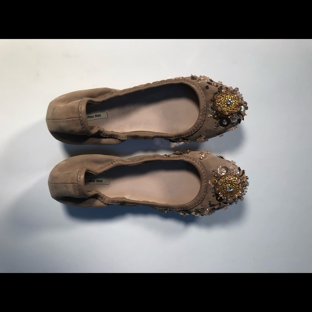 Miu Miu blush suede jeweled flats